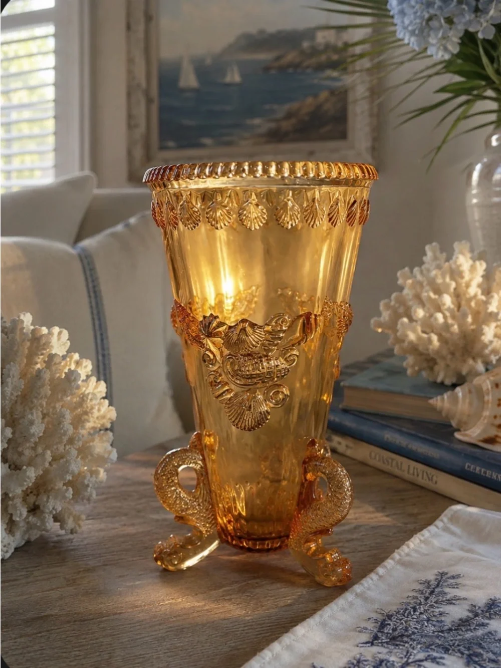 Westmoreland Amber glass footed vase seashells vintage coastal retro  beach deco
